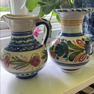 Vintage and Signed, Colorful Ceramic Pottery Pitcher and Vase